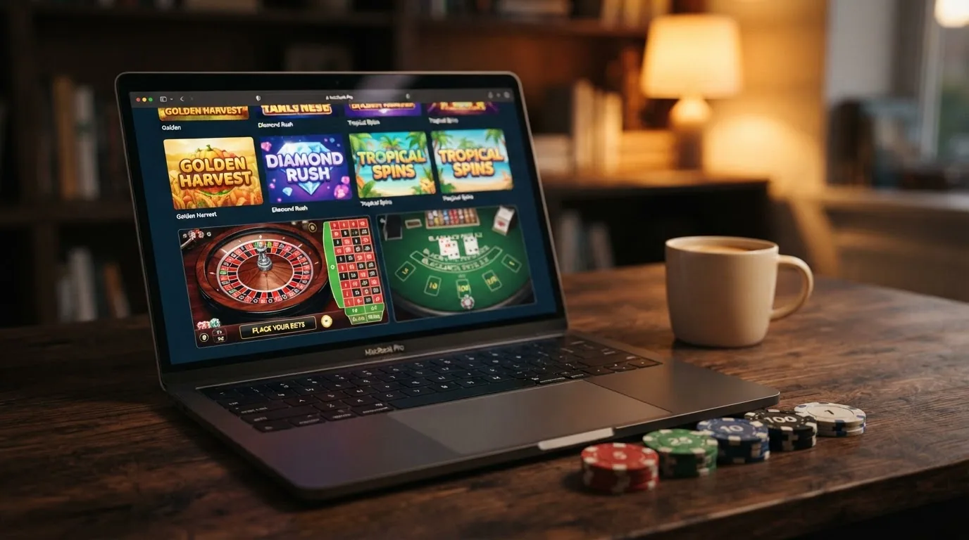 Sala de tragaperras online con fichas de casino digitales y una cuadrícula de títulos de proveedores como Pragmatic Play y NetEnt