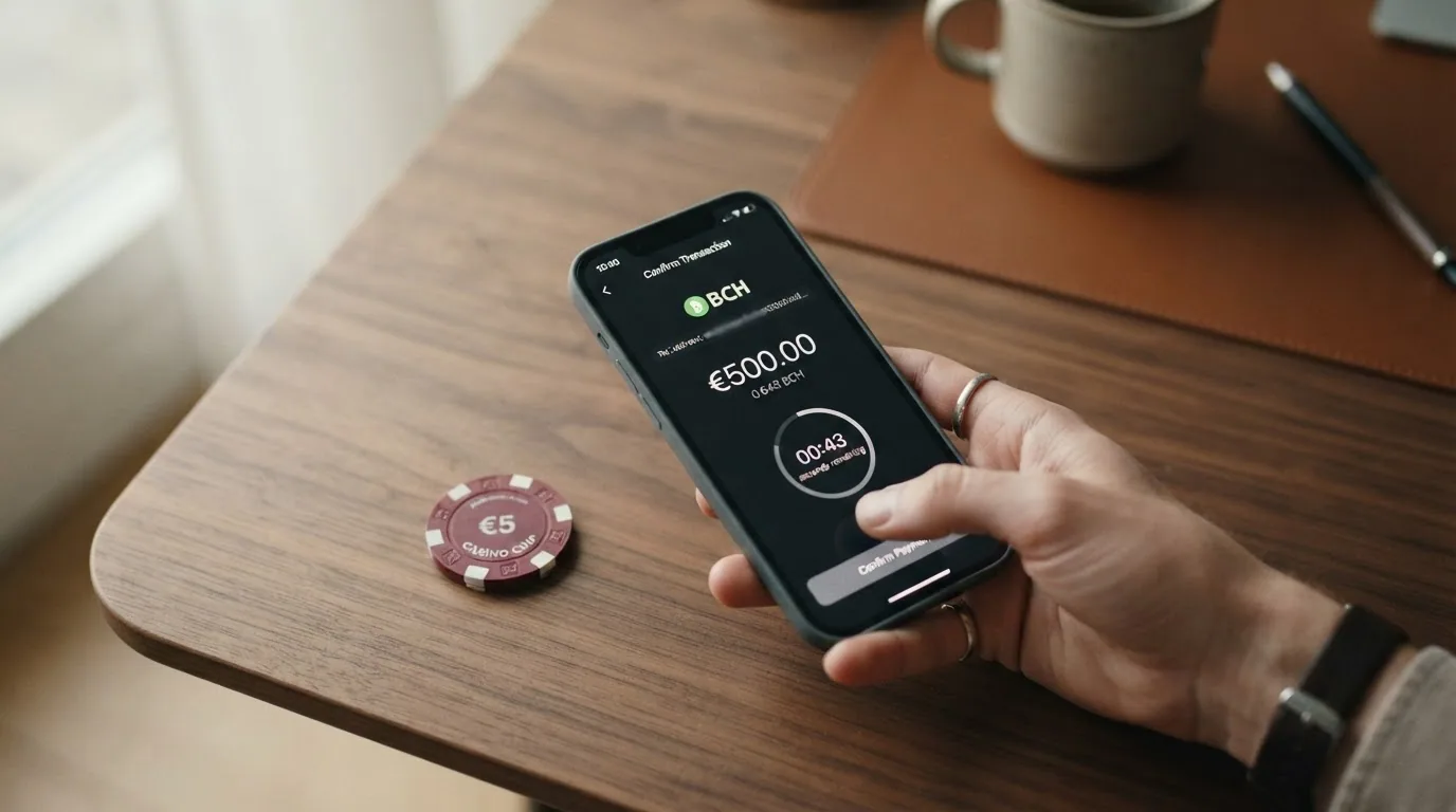 Un monedero digital de criptomonedas junto a una pantalla de casino mostrando la confirmación de un depósito en BCH