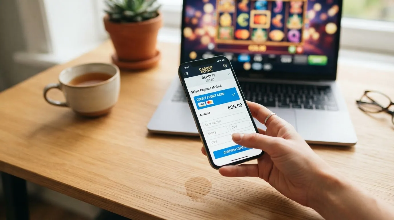 El cajero virtual de un casino online con las opciones de pago visibles y el botón de tarjeta de crédito/débito resaltado