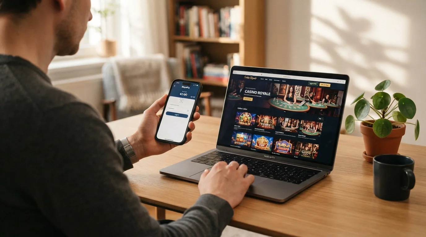 Pantalla de inicio de sesión de Skrill junto a un lobby de casino online español con el saldo visible