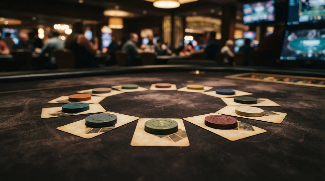 Vista cenital de diez fichas de póquer con los logotipos de los casinos comparados ordenadas sobre un tablero