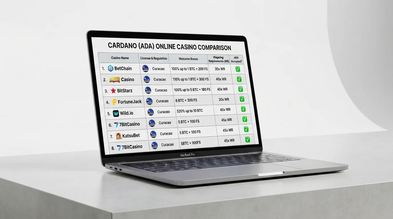 Tabla comparativa con los logotipos, licencias, bonos y requisitos de apuesta de los principales casinos que aceptan Cardano
