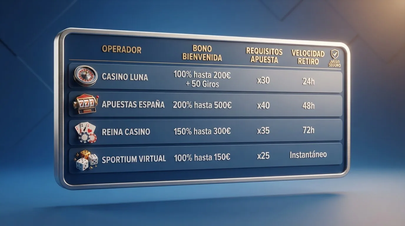 Una tabla resumen con columnas de operador, bono, rollover y velocidad sobre fondo azul oscuro, con los logos de los 10 casinos analizados en miniatura