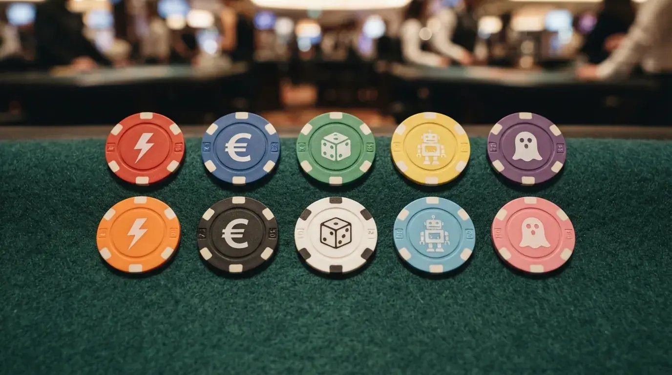 Una cuadrícula con diez fichas de casino de distintos colores, cada una con un símbolo distinto (rayo, moneda, dado, robot, fantasma), sin logotipos reales.