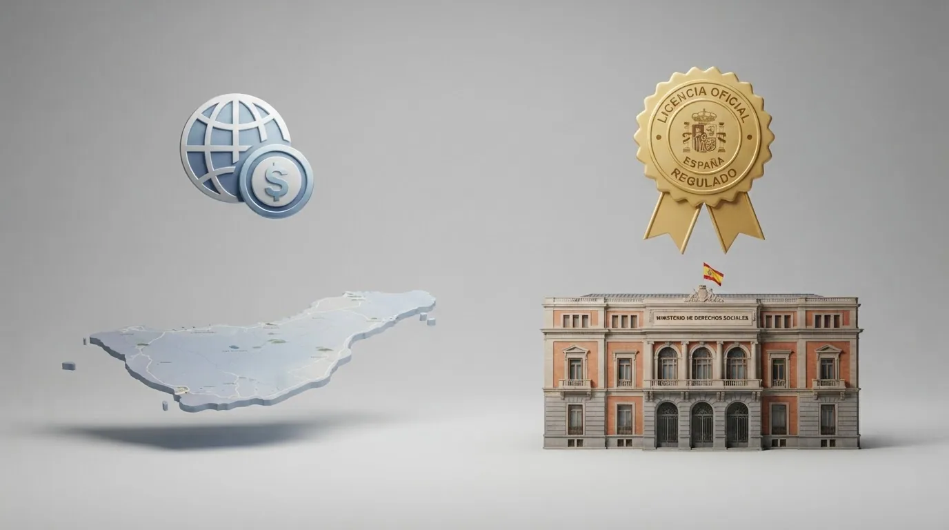 Dos columnas enfrentadas: a la izquierda, el logotipo de un casino offshore sobre un mapa de Curaçao; a la derecha, el logotipo de un operador con licencia DGOJ sobre la fachada del Ministerio de Derechos Sociales en Madrid