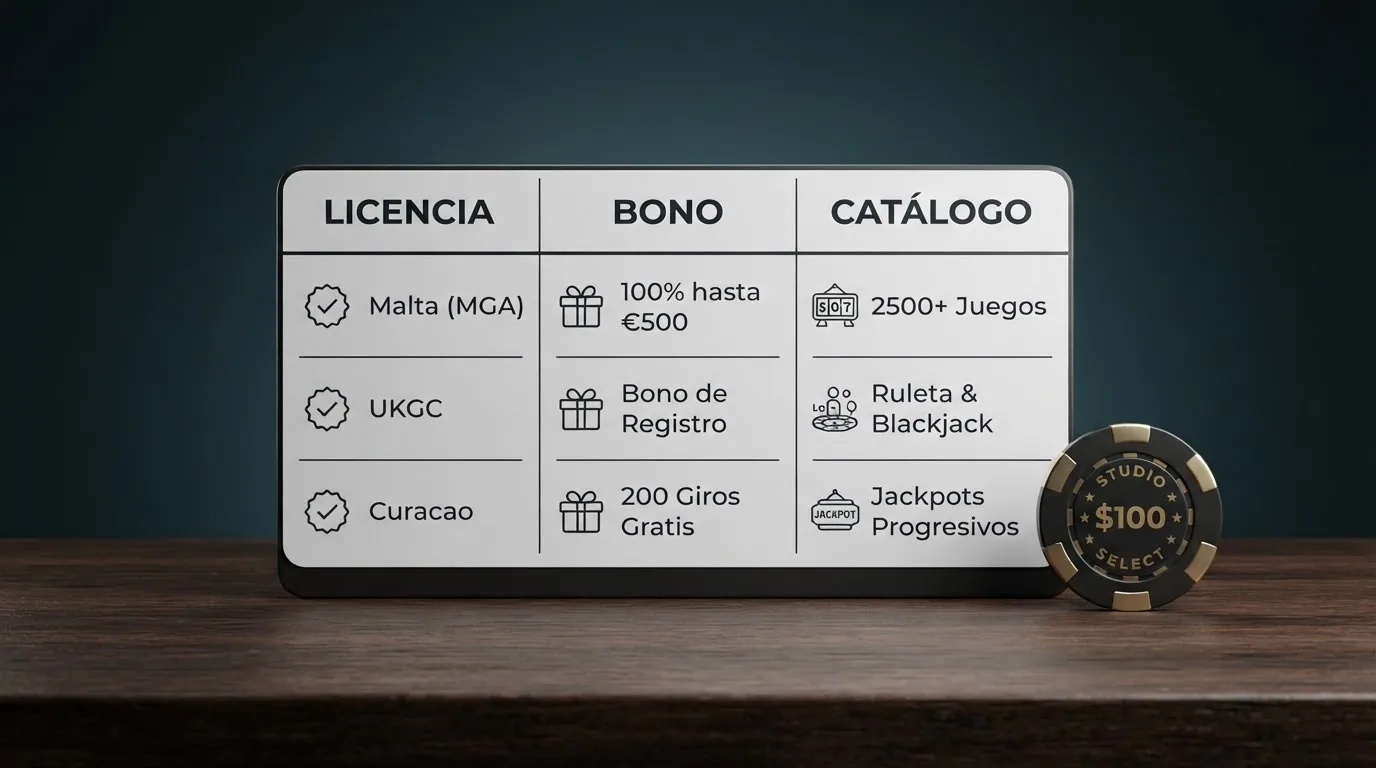 Vista parcial de una tabla comparativa de casinos crypto con columnas de licencia, bono y catálogo