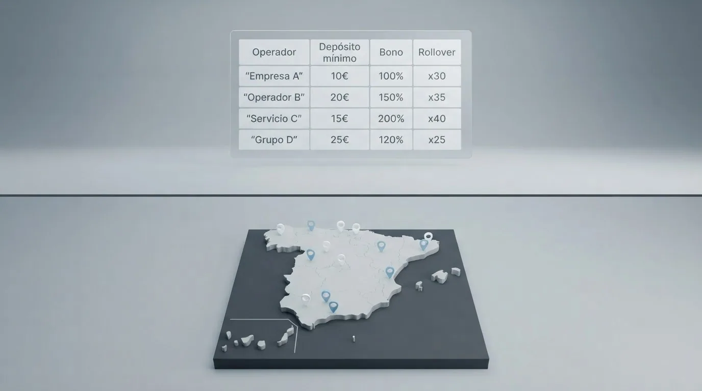 Una tabla resumen con las columnas principales de la comparativa (operador, depósito mínimo, bono, rollover) ocupando la mitad superior y el mapa de España con marcadores en las sedes de los operadores DGOJ en la mitad inferior