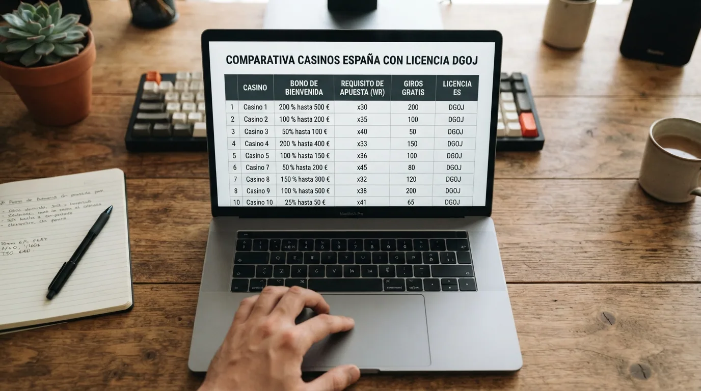 Captura de la tabla comparativa de los 10 operadores destacados con las columnas de bono, requisito de apuesta y giros gratis