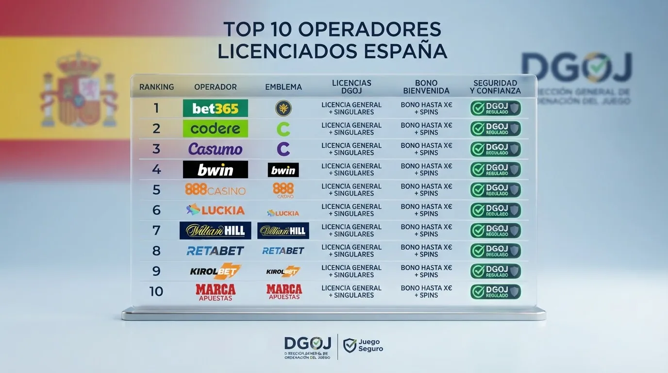 Una tabla comparativa con los logotipos de los 10 operadores con licencia DGOJ ordenados por cuota de mercado, sobre un fondo limpio con la bandera de España en sutil marca de agua