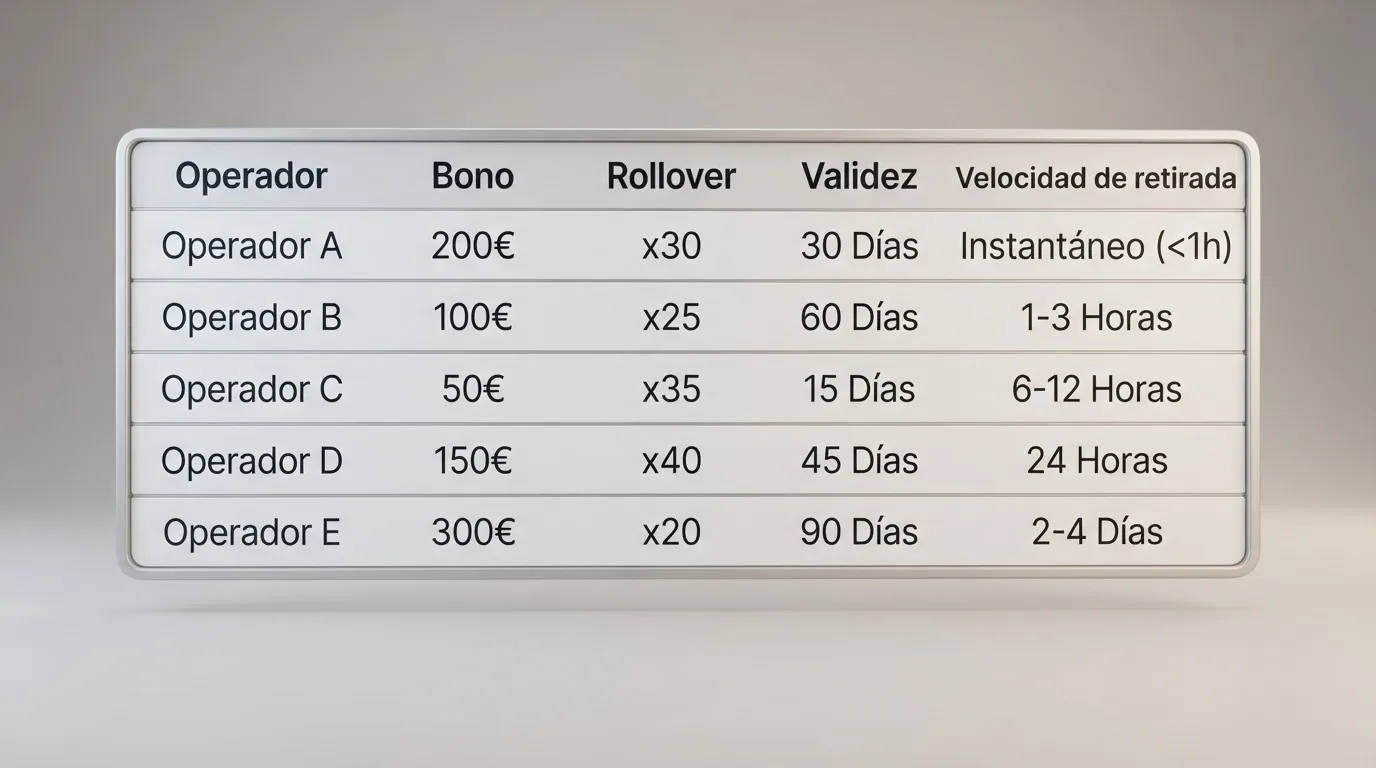 Tabla comparativa con columnas de operador, bono, rollover, validez y velocidad de retirada de los diez casinos analizados