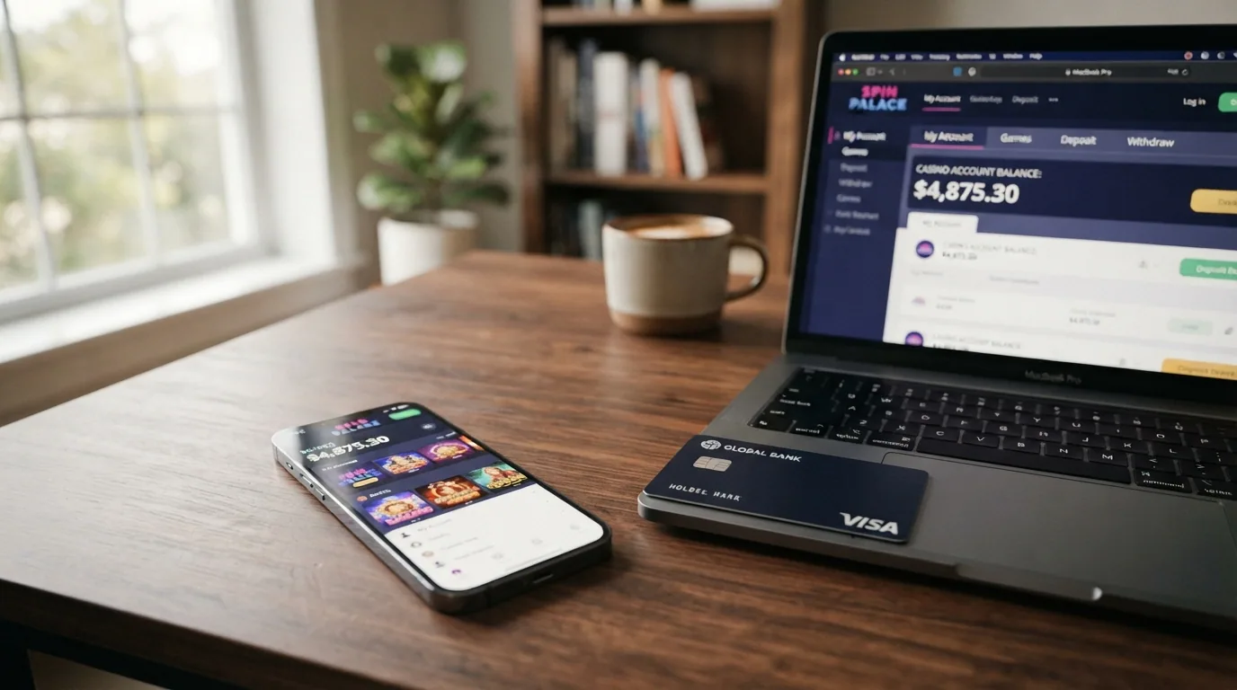 Un iPhone apoyado en una mesa junto a una tarjeta de crédito y una pantalla de ordenador con el saldo de un casino online