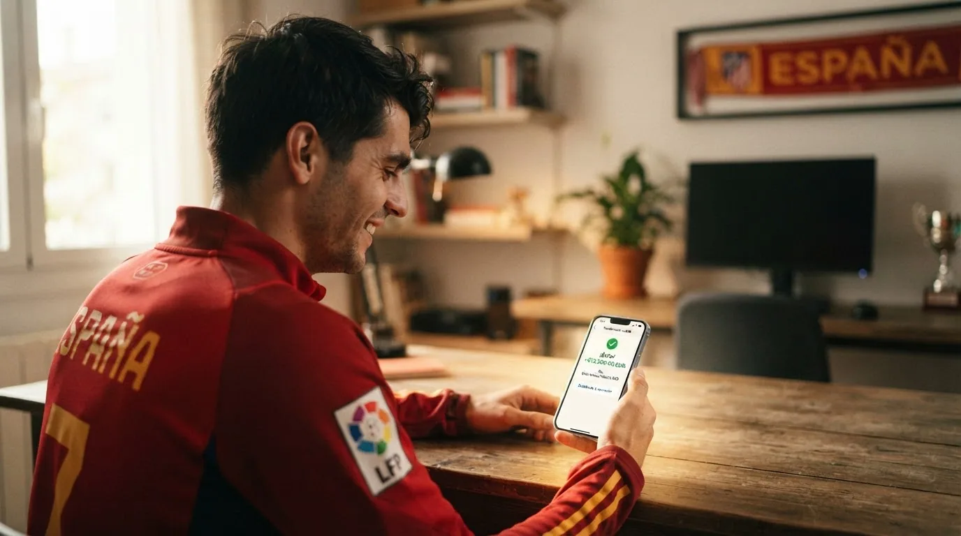 Un jugador sonriendo mientras mira la notificación de transferencia recibida en su teléfono móvil