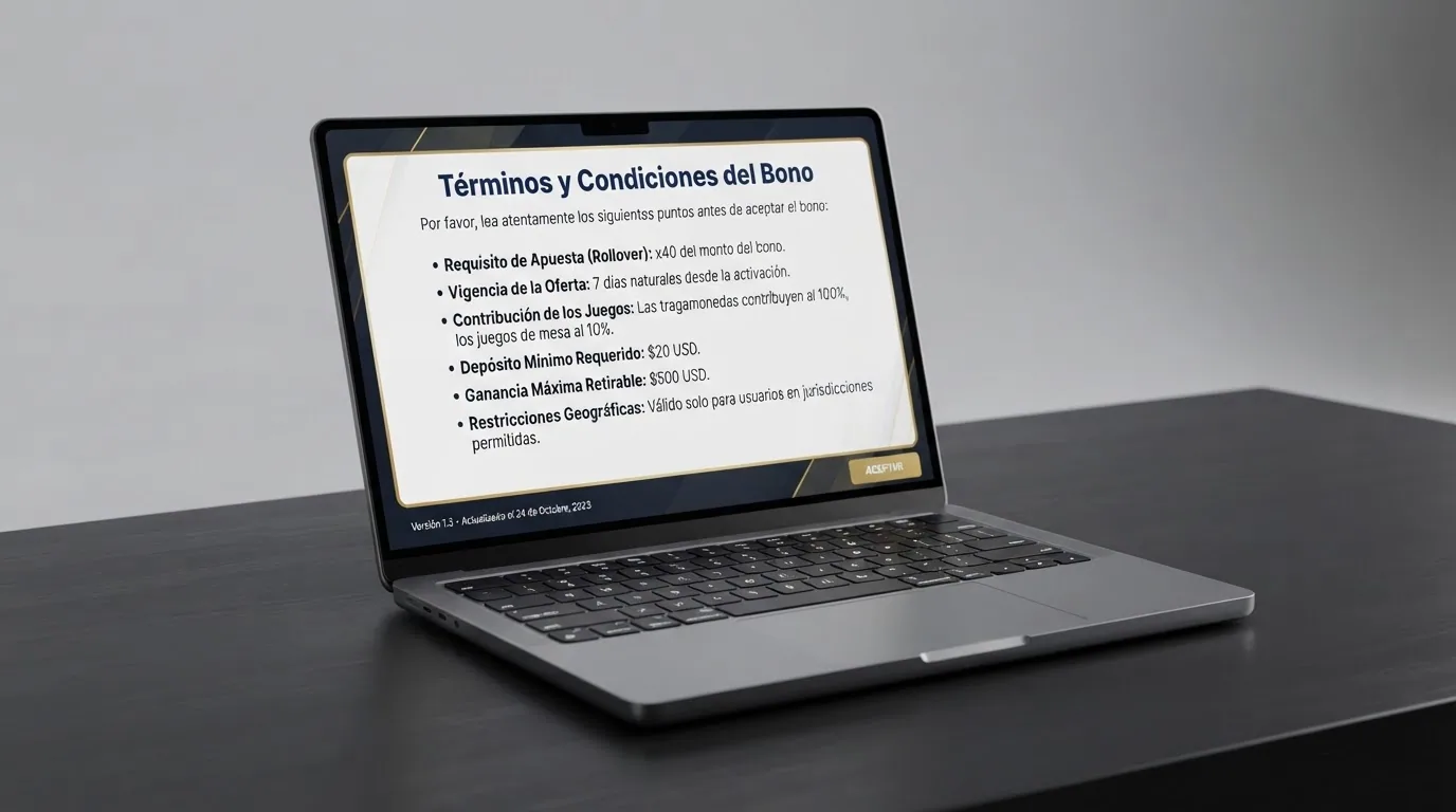 Pantalla de términos y condiciones de un bono de bienvenida con las cifras de rollover, vigencia y depósito mínimo visibles
