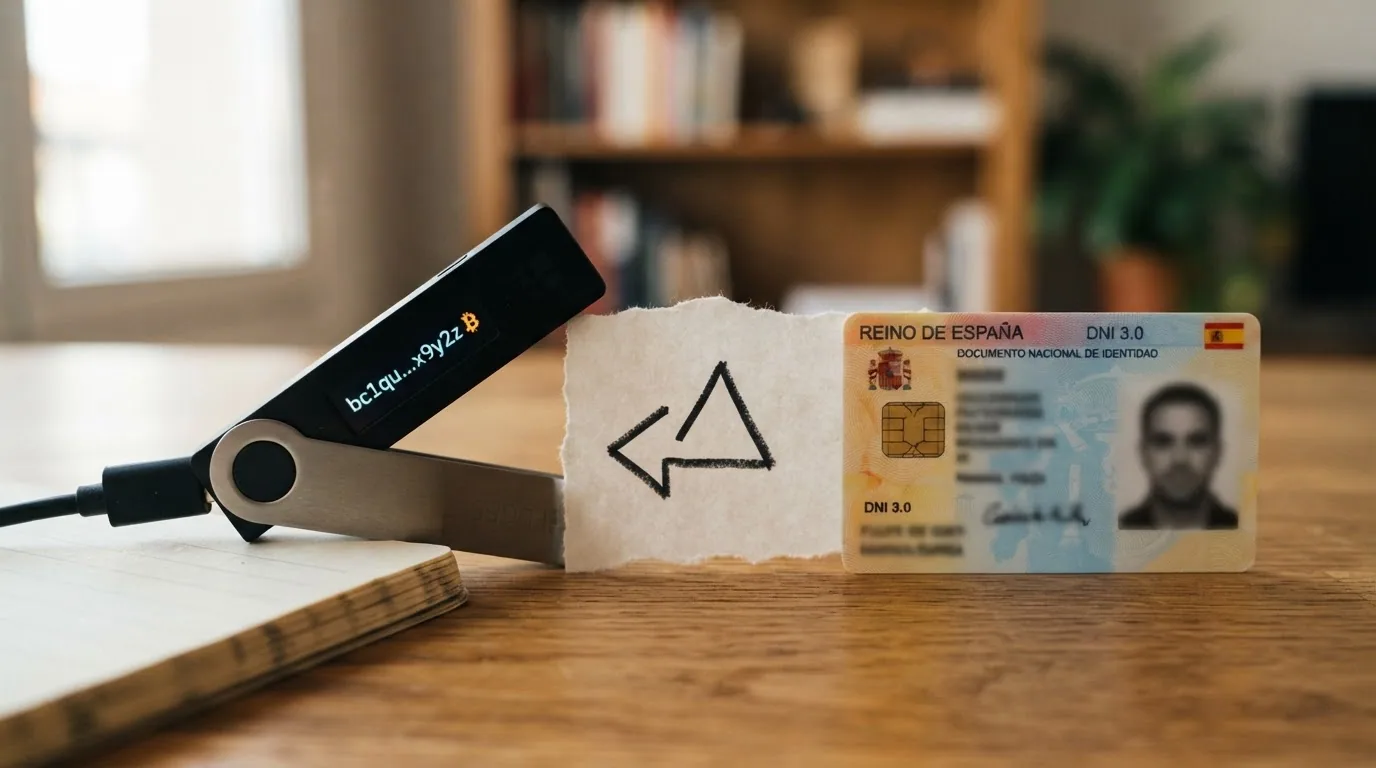 Una cartera de criptomonedas física junto a un DNI español, separados por una flecha quebrada que simboliza la desconexión entre ambos.