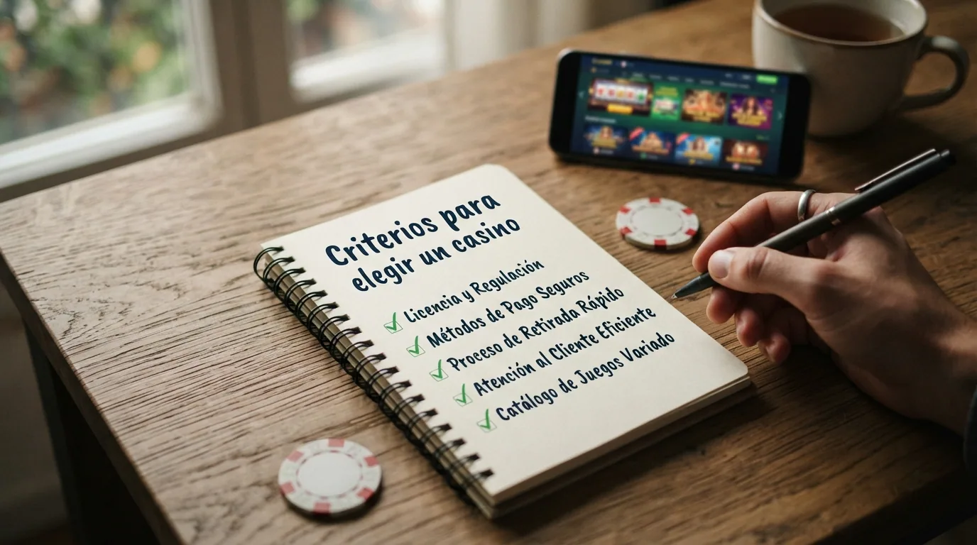 Lista de verificación con los criterios clave para elegir un casino online: licencia, métodos de pago, retirada, atención al cliente y catálogo de juegos