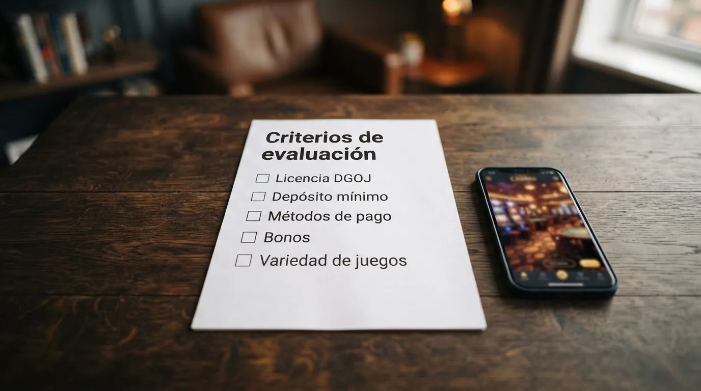 Lista de criterios de evaluación — licencia DGOJ, depósito mínimo, métodos de pago, bonos y variedad de juegos — sobre un escritorio con documentación