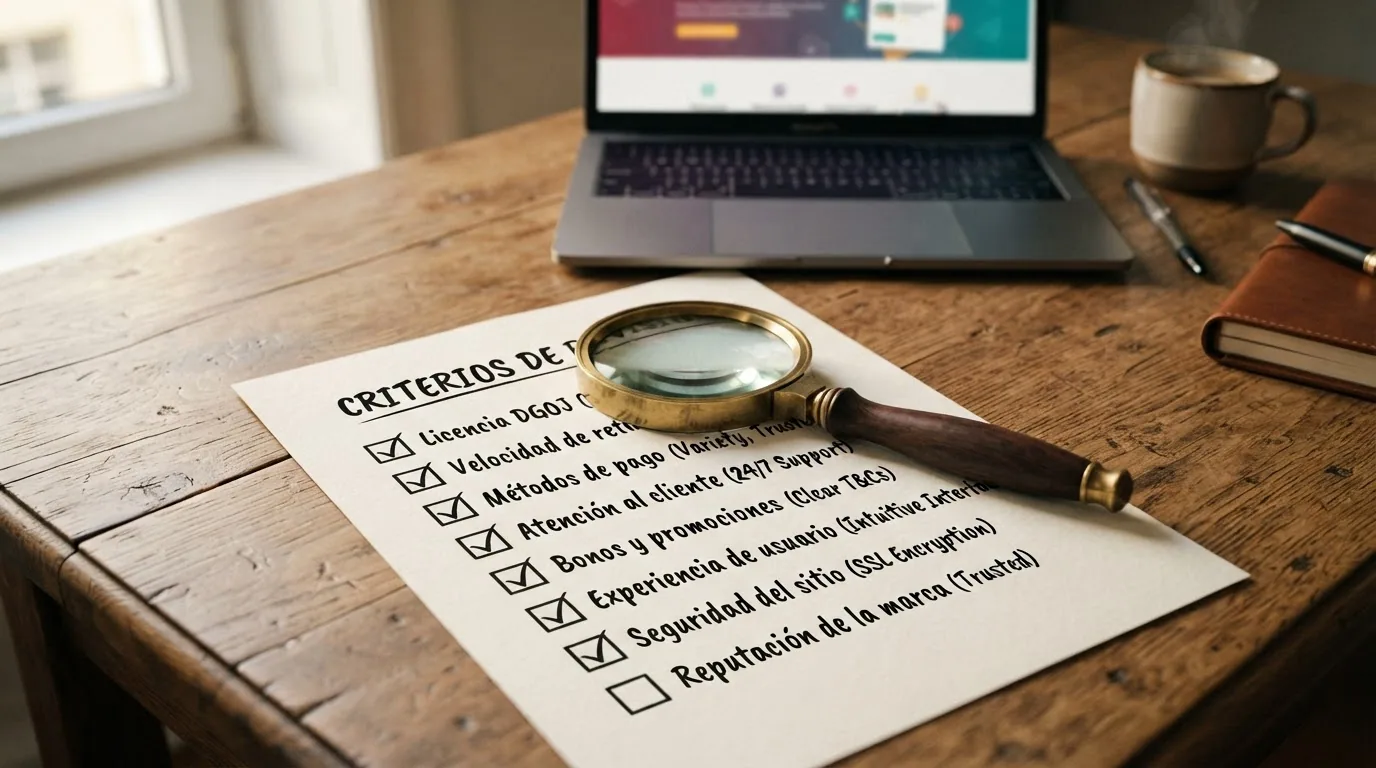 Una lupa sobre una lista de verificación con los criterios: licencia DGOJ, velocidad de retirada, métodos de pago, bono y requisito de apuesta