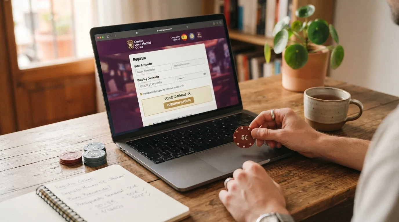 Primer plano de monedas de euro y una calculadora junto a la pantalla de un ordenador portátil mostrando la página de registro de un casino online