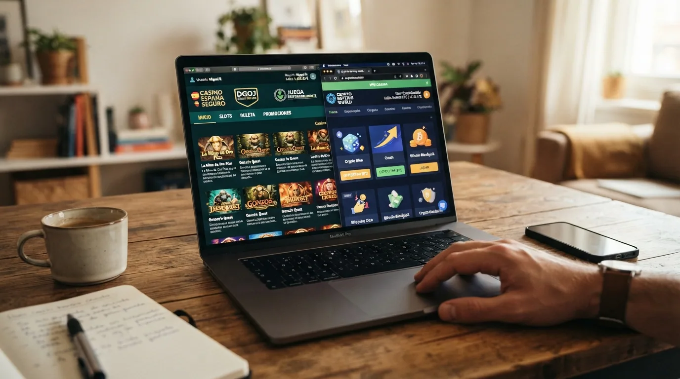 Un jugador sentado frente a un portátil con la pantalla dividida en dos mitades: a la izquierda, la interfaz de un casino con licencia DGOJ en euros; a la derecha, un casino crypto con VPN y saldo en Bitcoin