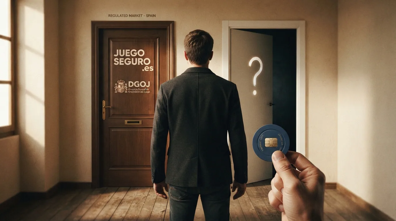 Un jugador ante dos caminos que se bifurcan: a la izquierda, una puerta con el distintivo .es y el escudo de la DGOJ; a la derecha, una puerta sin distintivo con un signo de interrogación