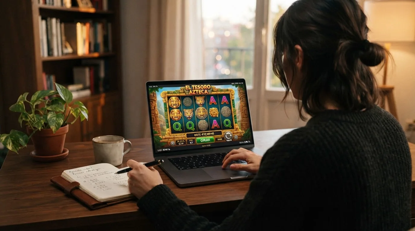 Jugador consultando en la pantalla de un ordenador portátil las opciones de juego responsable y la comparativa de casinos de esta misma página