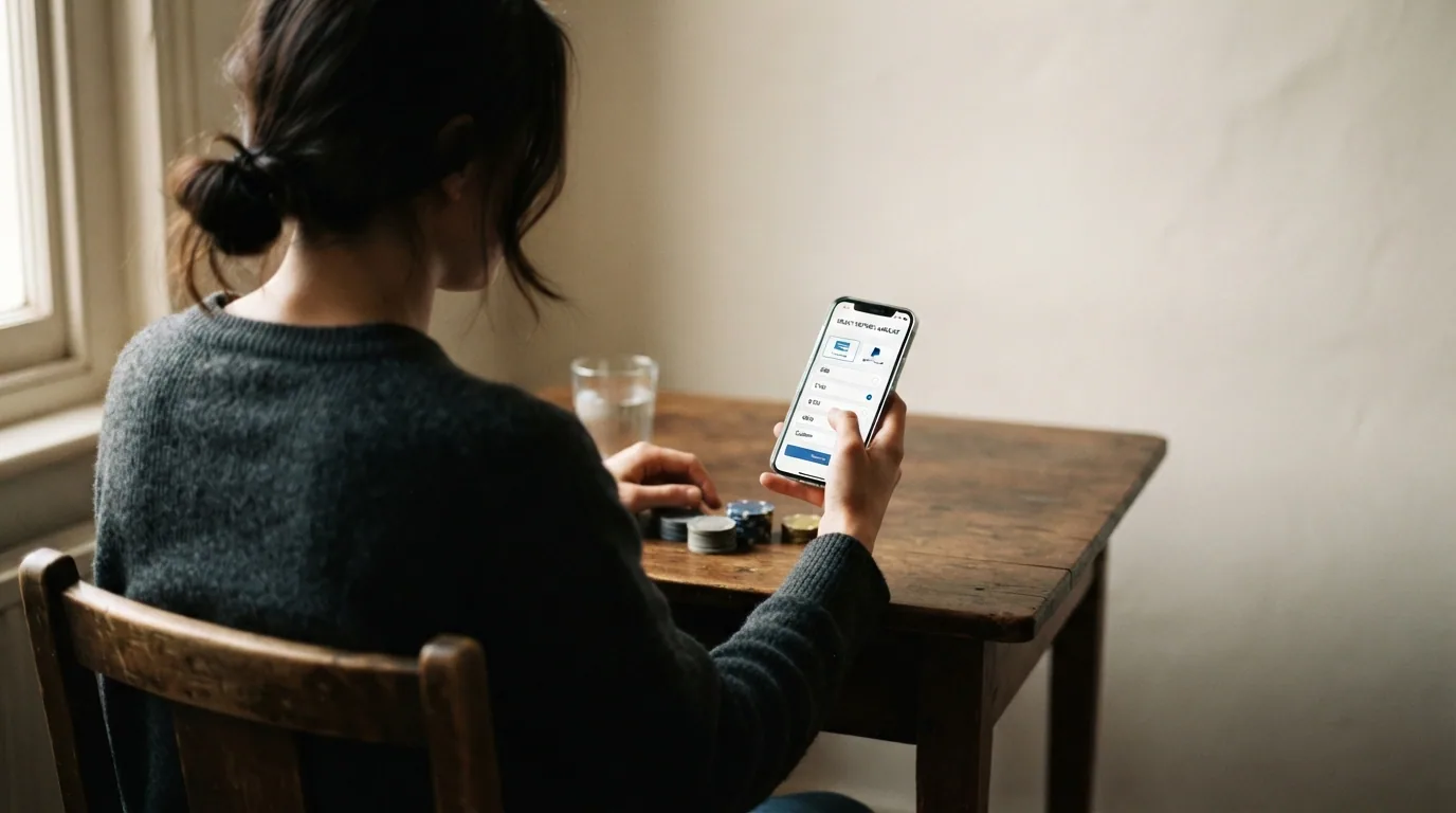 Un jugador sentado ante una mesa de juego con fichas de poco valor, consultando el móvil con expresión de estar comparando opciones