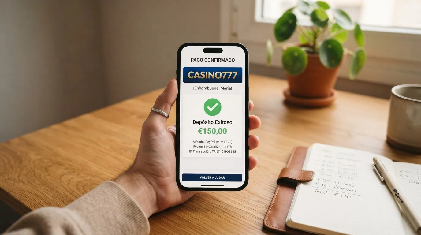 Pantalla de la app de Bizum mostrando una confirmación de pago a un casino online con el importe en euros
