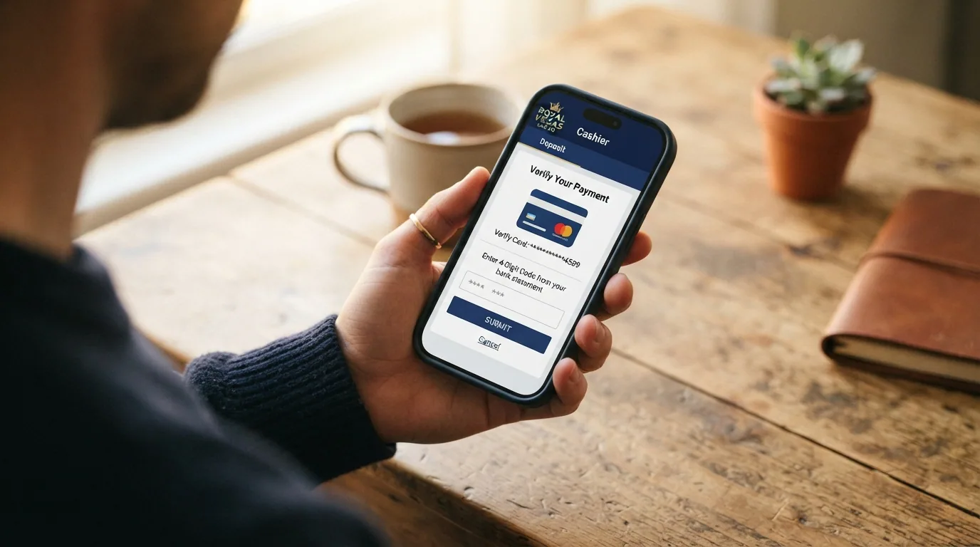 Pantalla del cajero de un casino online con la opción Visa seleccionada, un campo de importe y el icono de verificación 3D Secure