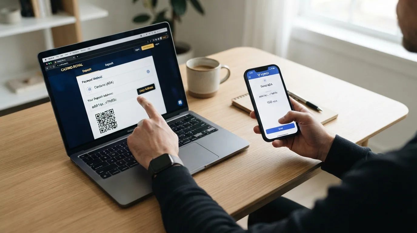 Pantalla del cajero de un casino crypto con la opción de depósito en Cardano seleccionada, mostrando una dirección de wallet para enviar ADA y el importe a depositar