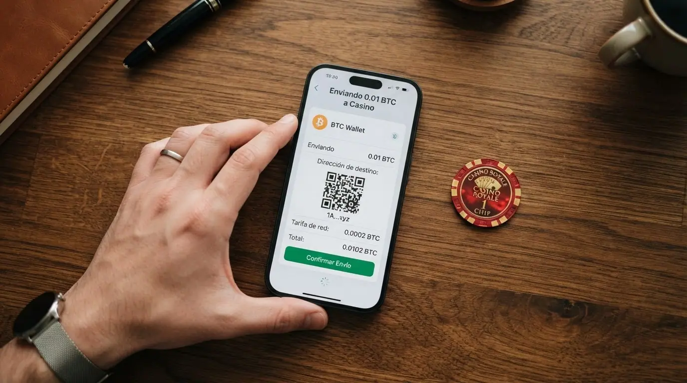 Monedero de criptomonedas mostrando una transacción de depósito hacia una dirección de casino