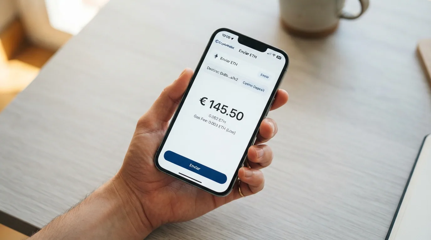 Pantalla de una wallet enviando ETH a la dirección de depósito de un casino online