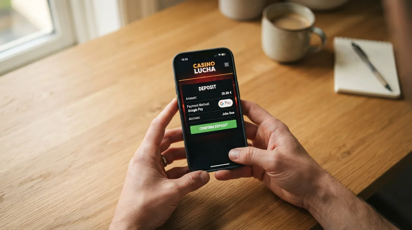 La pantalla de depósito de un casino online con Google Pay seleccionado como método de pago y un importe de 20 € listo para confirmar