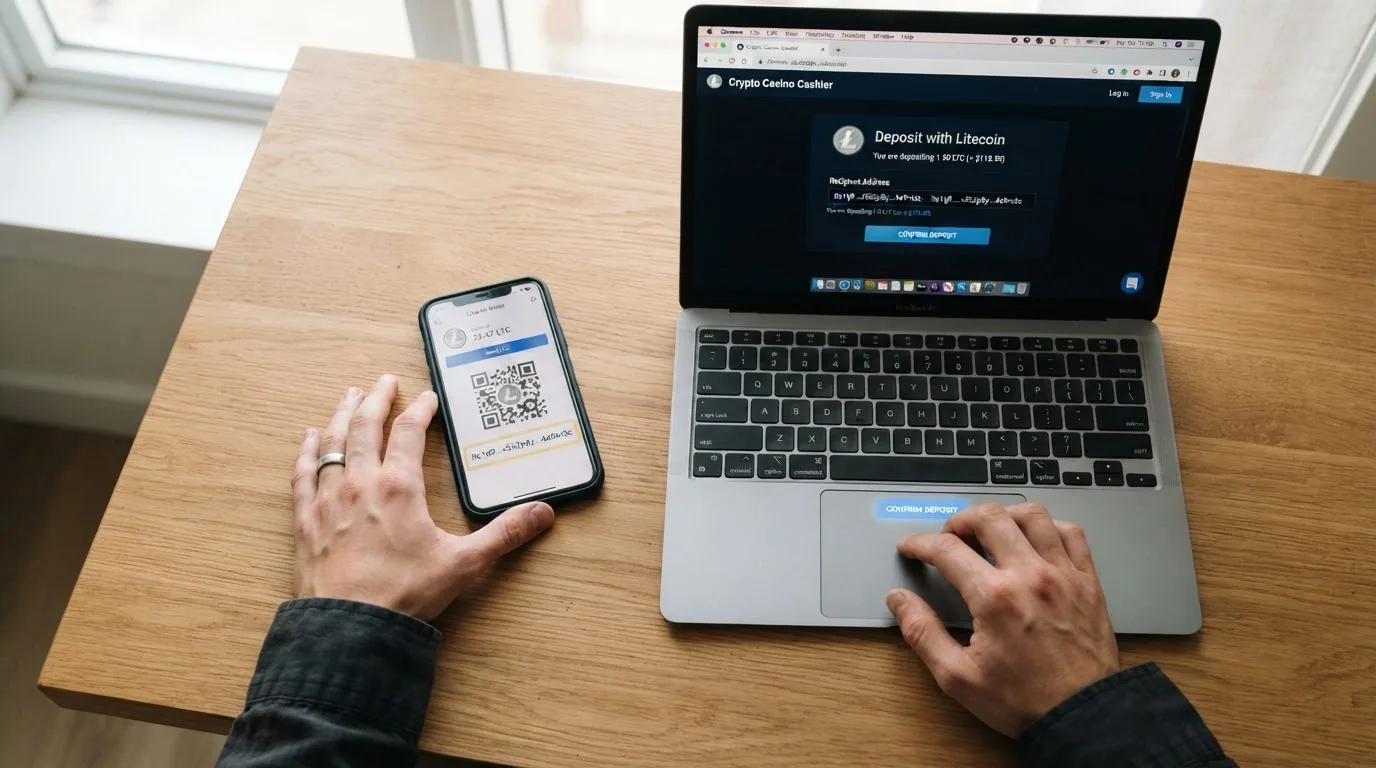 Pantalla dividida: a la izquierda una wallet de Litecoin con una dirección de envío, a la derecha el cajero del casino mostrando el depósito confirmado