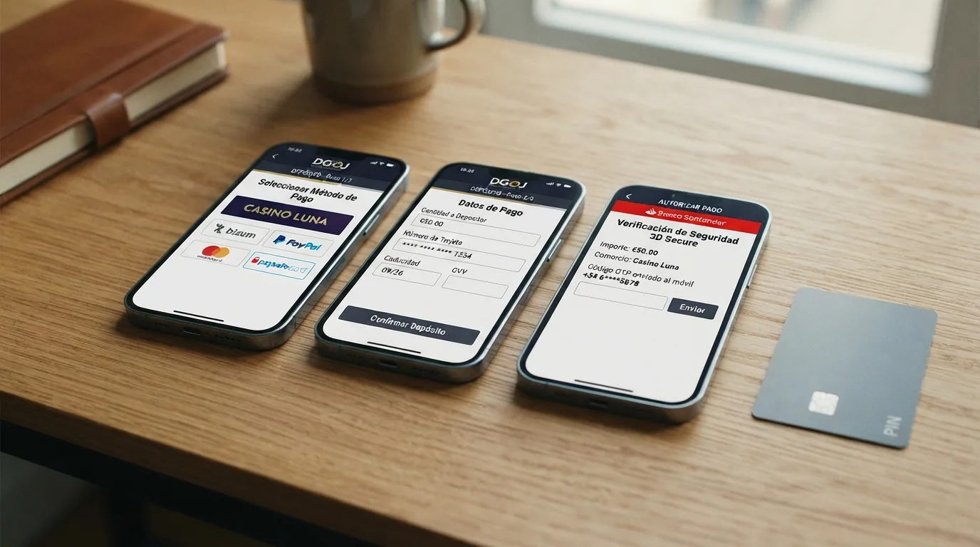 Secuencia de tres pantallas mostrando los pasos del depósito con Mastercard: selección de método, introducción de importe y pantalla de verificación 3D Secure