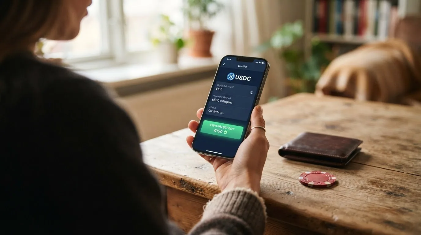 Interfaz de depósito de un casino cripto mostrando USDC como método de pago seleccionado y las redes blockchain disponibles para la transacción