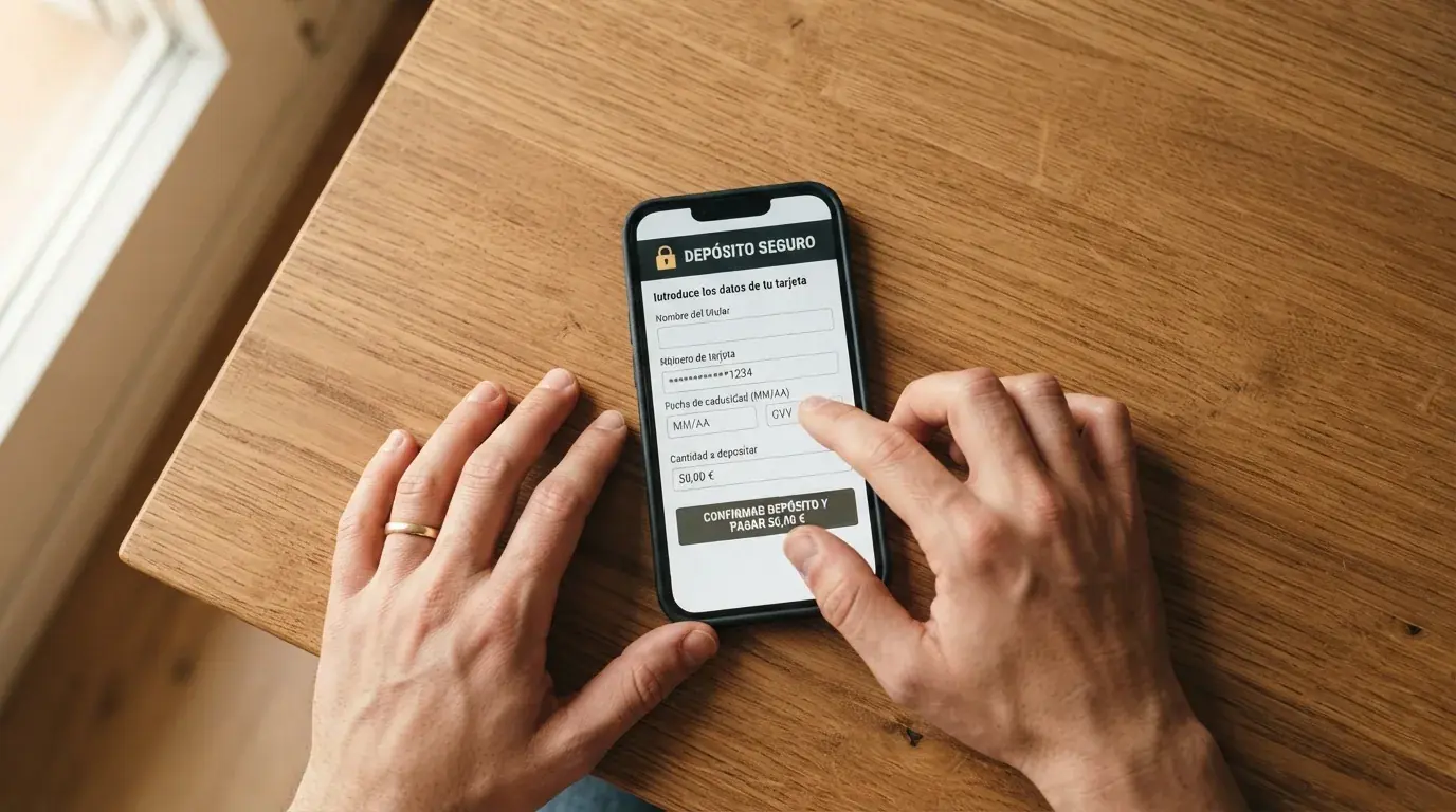 Las manos de un jugador tecleando los datos de una tarjeta bancaria en el formulario de depósito de un casino online, con el icono de 3D Secure visible en pantalla