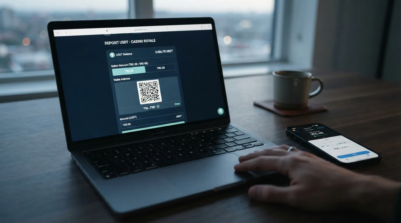 Interfaz de depósito de un casino cripto con el campo de cantidad en USDT, la dirección de wallet y el selector de red TRC-20 o ERC-20