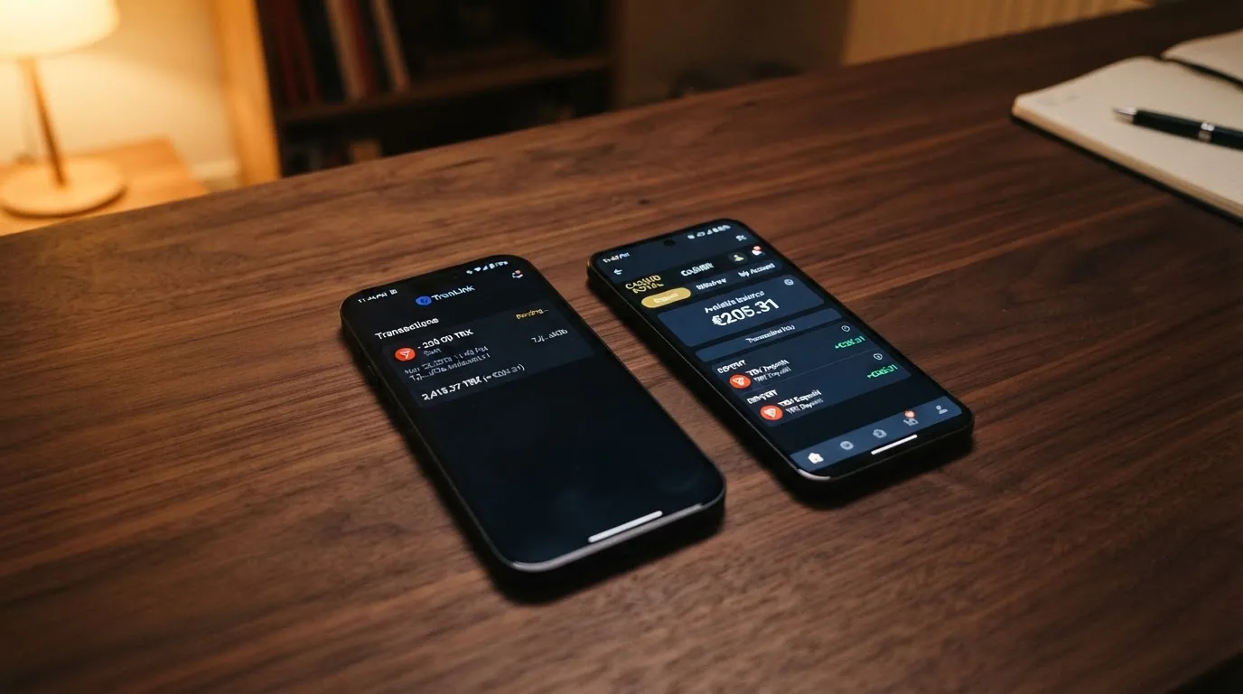 Pantalla dividida: a la izquierda una wallet TronLink mostrando una transacción TRX, a la derecha el cajero de un casino reflejando el saldo recibido
