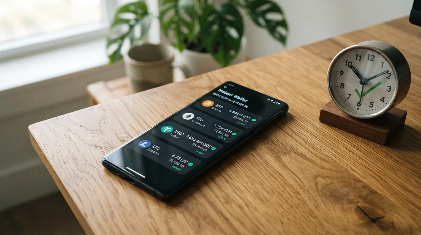 Un monedero digital mostrando cuatro criptomonedas (BTC, ETH, USDT, LTC) junto a un reloj que marca un tick verde de «instantáneo».