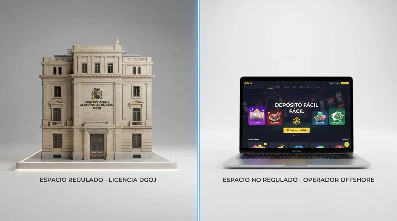 Pantalla partida: a la izquierda el edificio de la DGOJ en Madrid, a la derecha una pantalla de casino online con el mensaje «depositar con BNB»