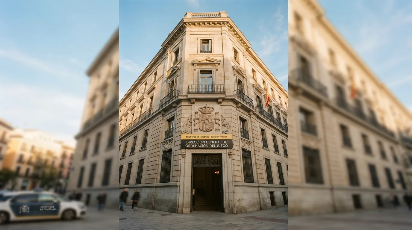 La fachada del edificio de la Dirección General de Ordenación del Juego en Madrid con el escudo institucional visible