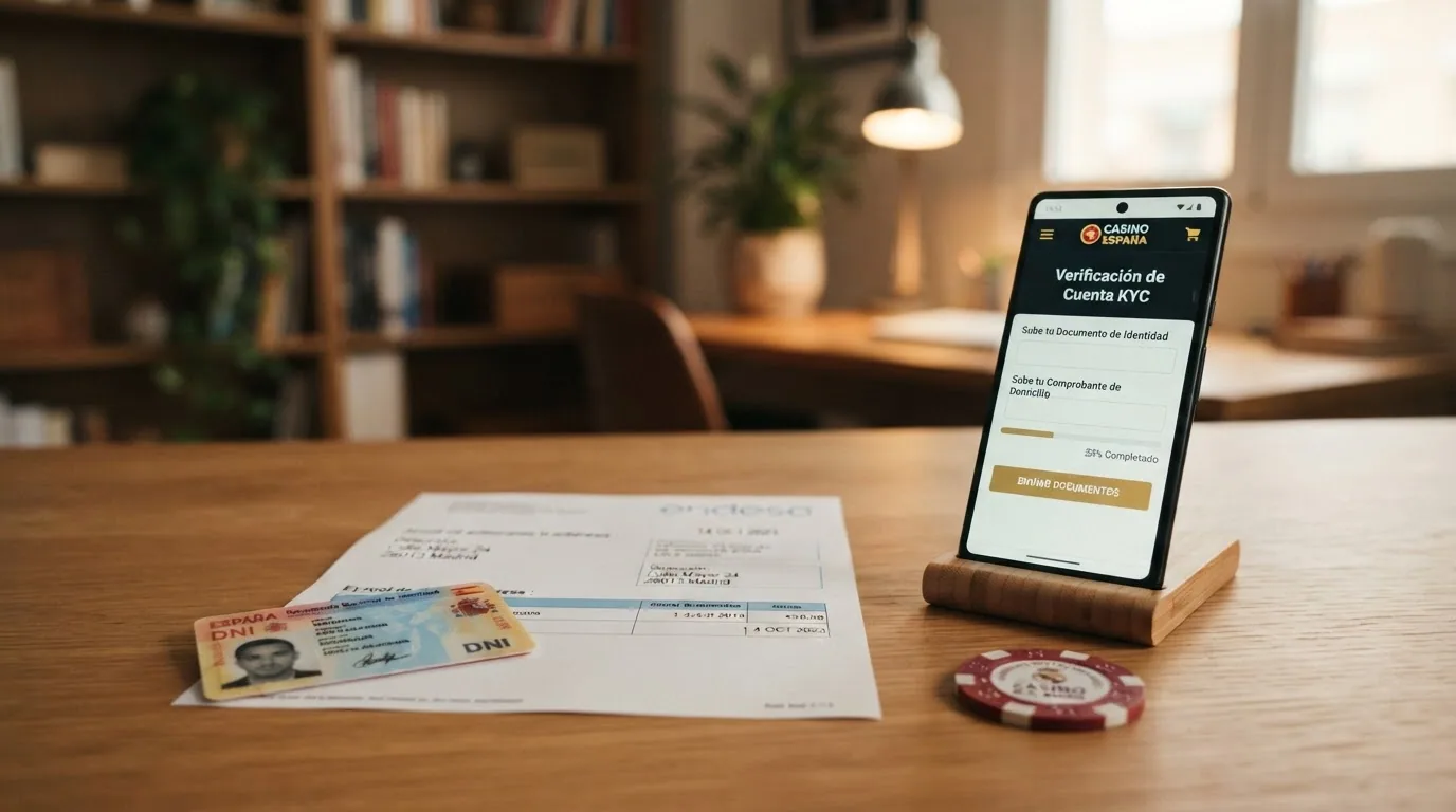 Documento nacional de identidad, factura de suministro como comprobante de domicilio y pantalla de verificación de cuenta en un casino online