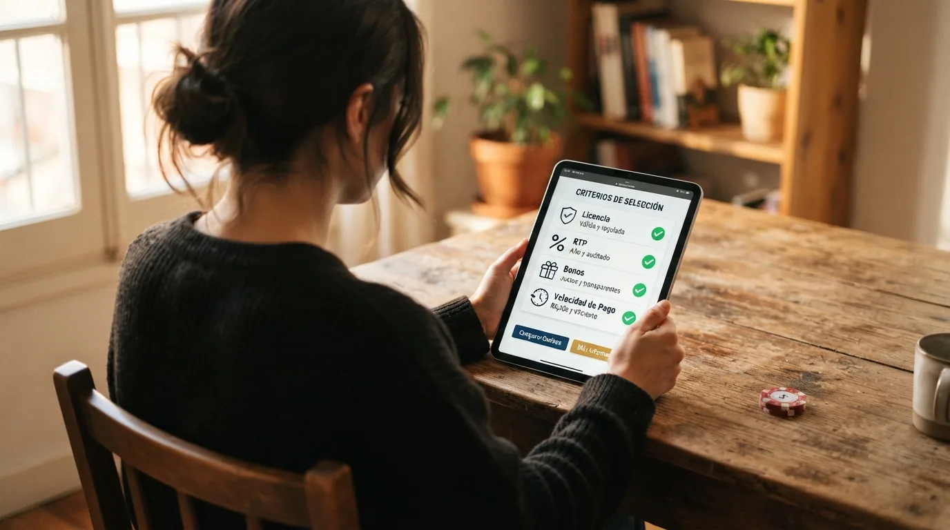 Jugador consultando en una tablet la ficha de un casino online, con los criterios de esta guía visibles en pantalla