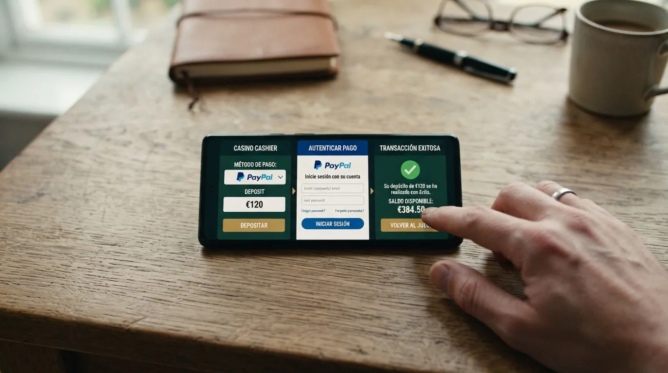 Secuencia de tres pantallas del proceso de depósito con Klarna: selección del método en el cajero, autenticación en Klarna y confirmación del saldo en la cuenta de casino