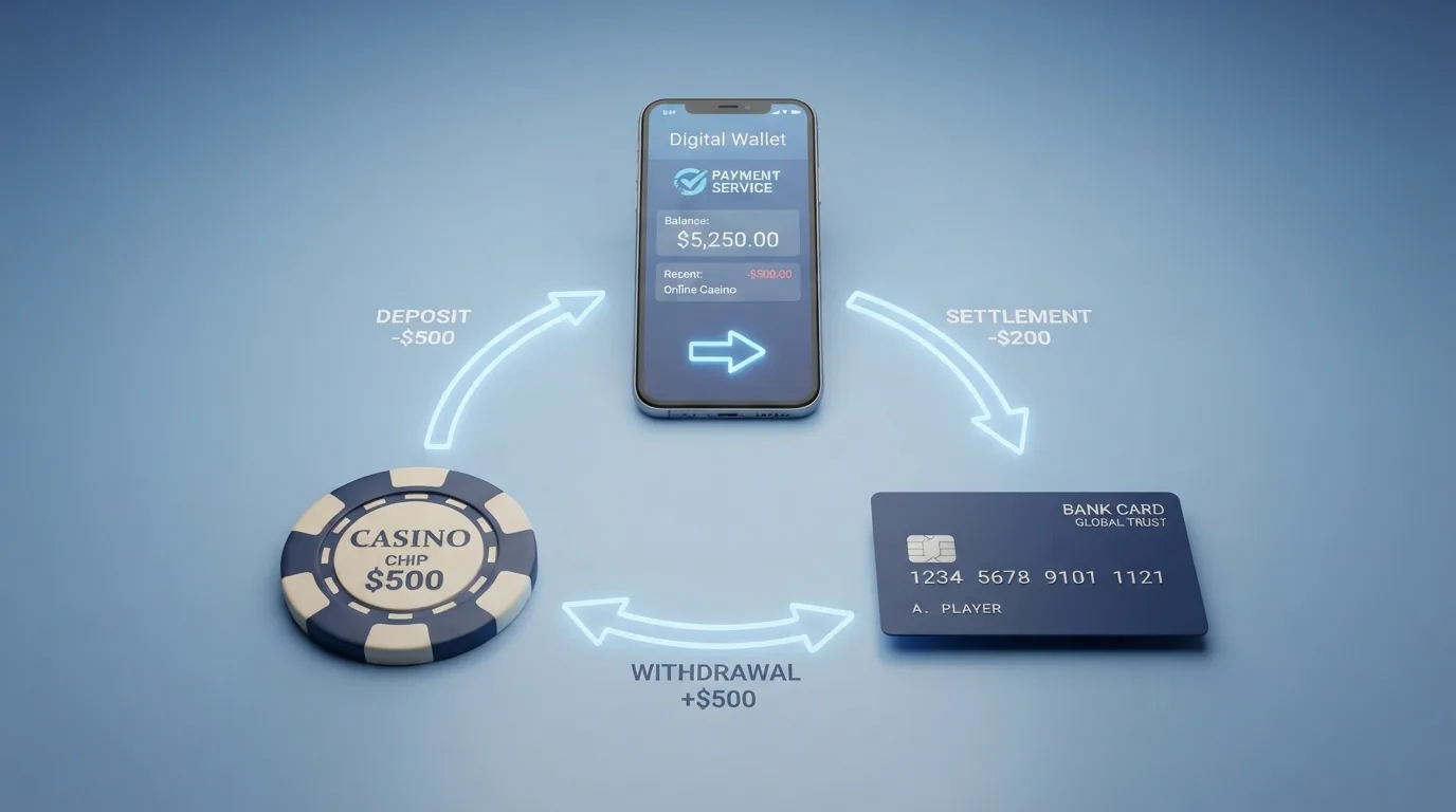 Diagrama visual del flujo de dinero entre la cuenta PayPal del jugador, el casino online y la cuenta bancaria, con los tiempos de cada tramo