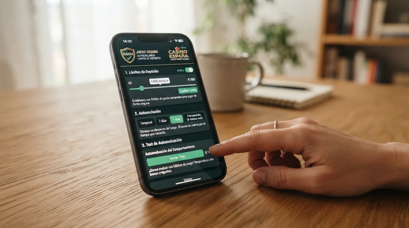 Panel de control de juego responsable de un casino online con los controles de límite de depósito, autoexclusión y test de autoevaluación visibles