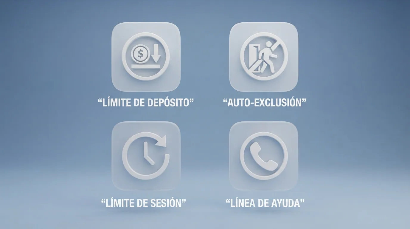 Iconos de límite de depósito, autoexclusión, temporizador de sesión y teléfono de ayuda