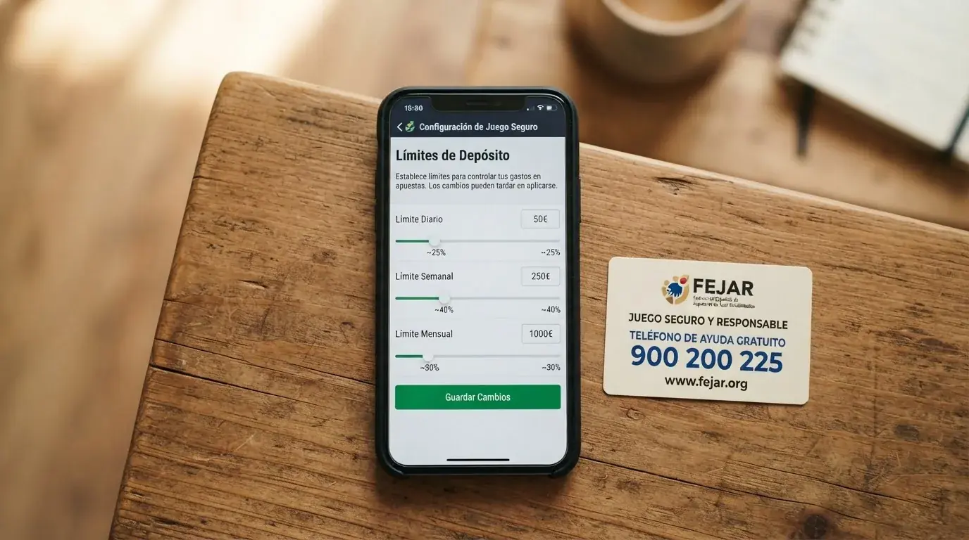 Un teléfono móvil con la pantalla de configuración de límites de depósito de un operador DGOJ abierta, junto a una tarjeta con el número 900 200 225 de FEJAR