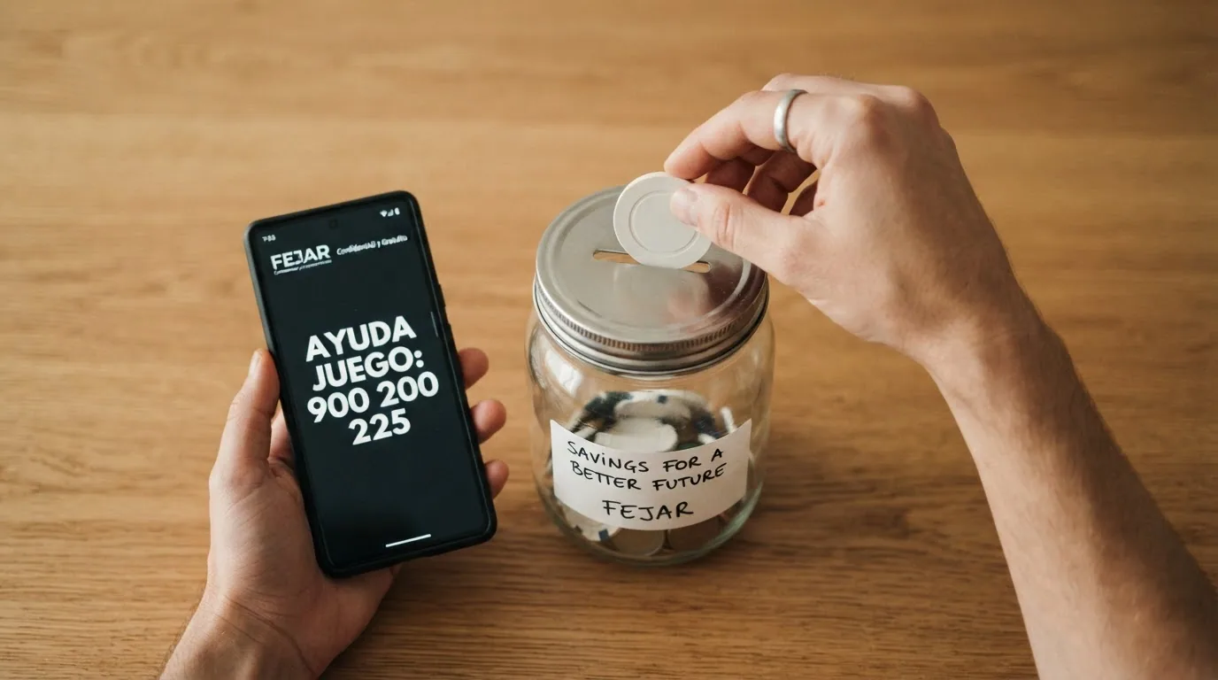 Una mano que deposita una sola ficha de 1 € en una hucha transparente junto a un teléfono con el número de ayuda de FEJAR visible en la pantalla
