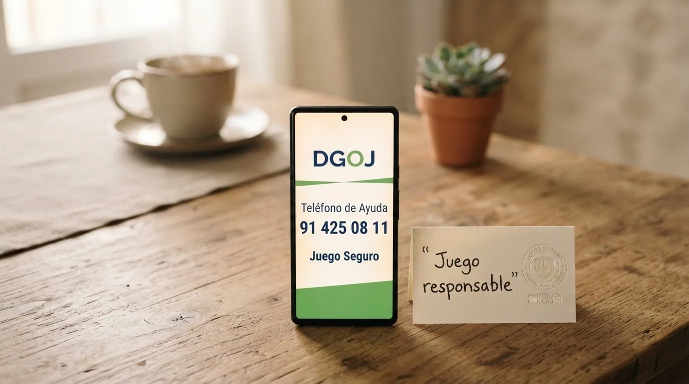 Teléfono móvil con el número 91 425 08 11 en pantalla junto a los logotipos de DGOJ, FEJAR y el símbolo de juego responsable